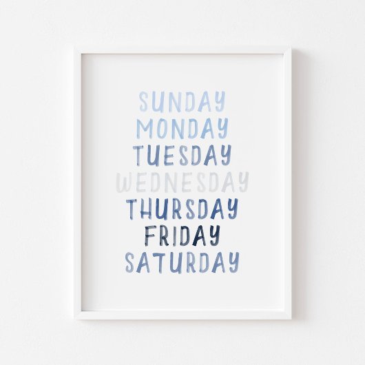 Blauwe dagen van de week educatief poster
