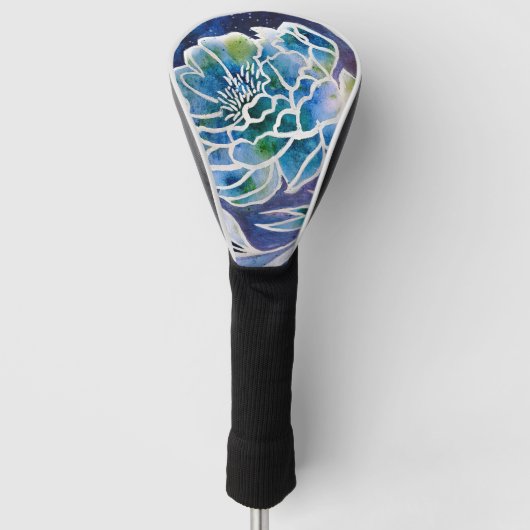 Blauwe Dahlia Navy Teal Hemelse Bloemenschildering Golfheadcover (Voorkant)