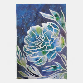 Blauwe Dahlia Navy Teal Hemelse Bloemenschildering Theedoek
