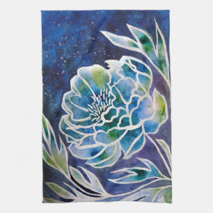 Blauwe Dahlia Navy Teal Hemelse Bloemenschildering Theedoek
