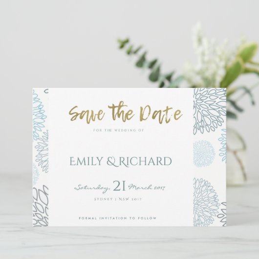 BLAUWE DAHLIA PATROON BEWAREN DE DATUM SAVE THE DATE (Staand voorkant)