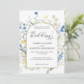 Blauwe Dainty Wild Floral Gouden Boog Bloemen Huwe Kaart (Staand voorkant)