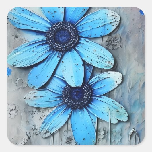 Blauwe Daisies Noodlijdende Grungy Daisy Bloem Vierkante Sticker (Voorkant)