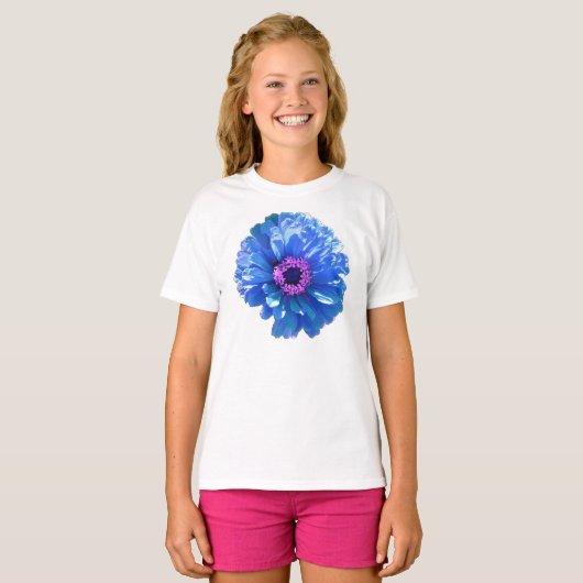 Blauwe Daisy, blauwe bloemfoto T-shirt (Voorkant volledig)