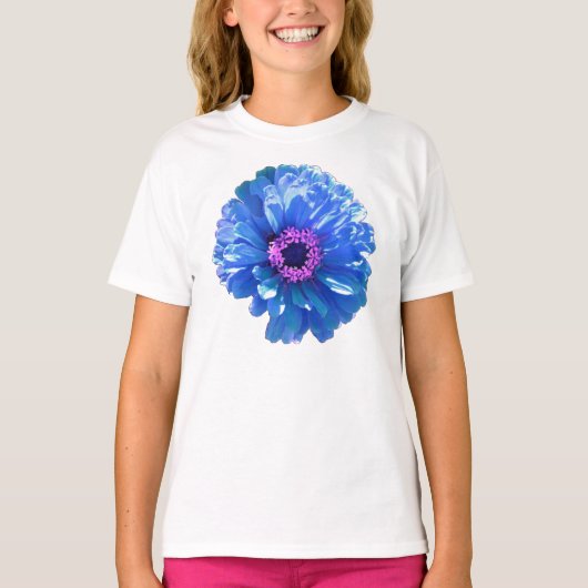 Blauwe Daisy, blauwe bloemfoto T-shirt (Voorkant)