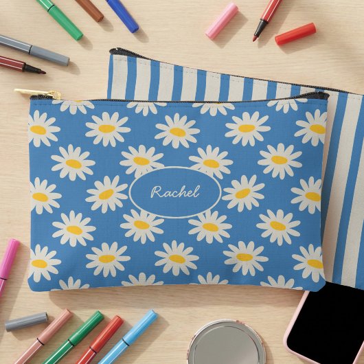 Blauwe Daisy Bloem- en Retro Gestreepte Potloodetu Etui