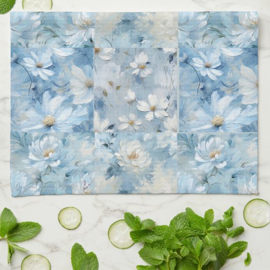 Blauwe Daisy Bloemen Patchwork Keukenhanddoek (Gevouwen)