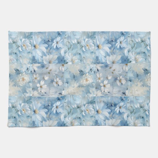 Blauwe Daisy Bloemen Patchwork Keukenhanddoek (Horizontaal)