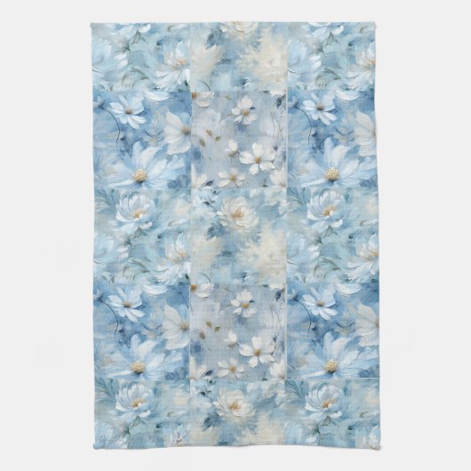 Blauwe Daisy Bloemen Patchwork Keukenhanddoek (Verticaal)