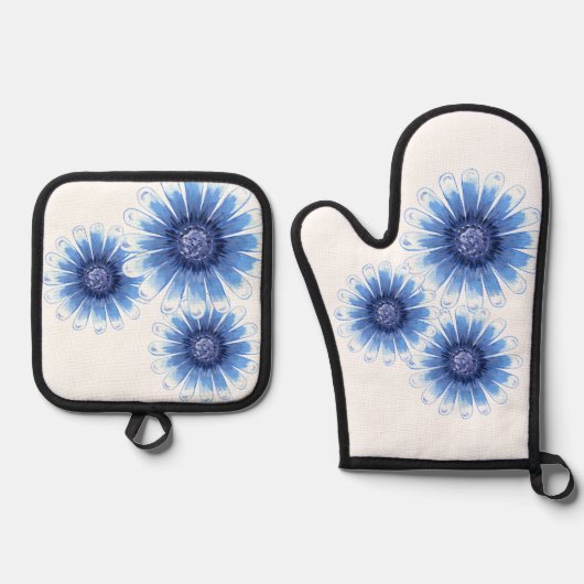Blauwe Daisy Pot Holder Ovenwant & Pannenlap Set (Voorkant)