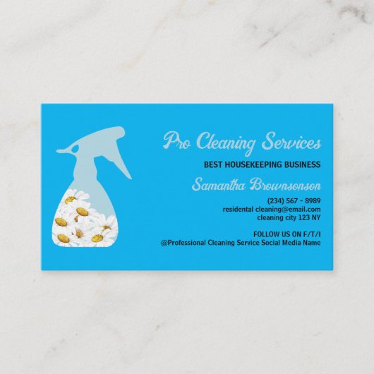 Blauwe Daisy Spray Fles Schoonmaak Service Tuinier Visitekaartje (Voorkant)