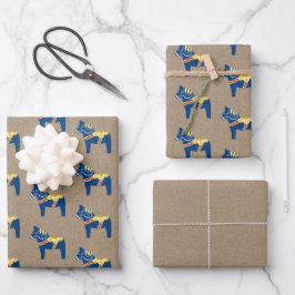 Blauwe Dala Horse Wrapping Paper Flat Sheet Set va