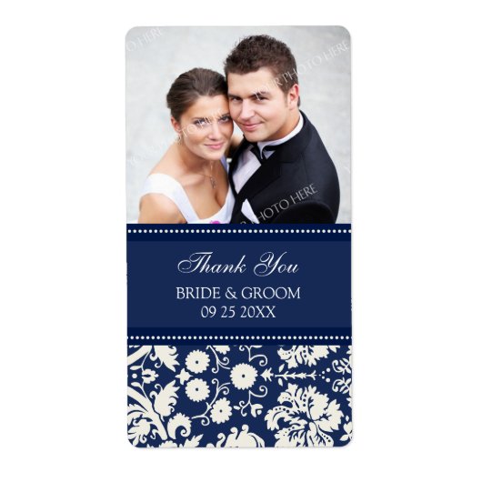 Blauwe Damask Foto Bruiloft Labels (Voorkant)