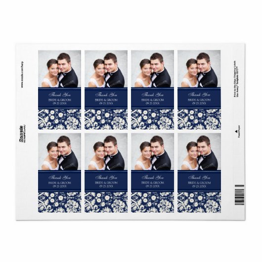Blauwe Damask Foto Bruiloft Labels (Full Sheet)