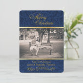 Blauwe Damask Kerstkaart (Staand voorkant)