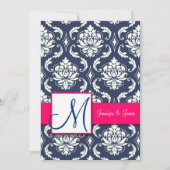 Blauwe Damask Monogram Invitaties Roze 5 x 7 Kaart (Voorkant)