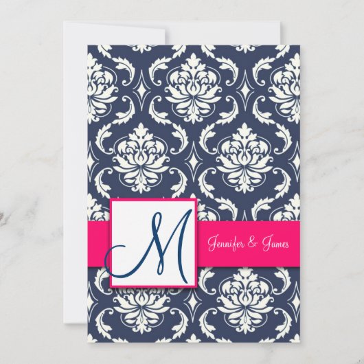Blauwe Damask Monogram Invitaties Roze 5 x 7 Kaart (Voorkant)