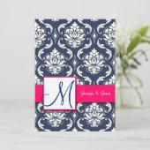 Blauwe Damask Monogram Invitaties Roze 5 x 7 Kaart (Staand voorkant)