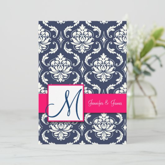 Blauwe Damask Monogram Invitaties Roze 5 x 7 Kaart (Staand voorkant)