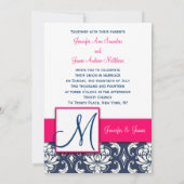 Blauwe Damask Monogram Invitaties Roze 5 x 7 Kaart (Achterkant)