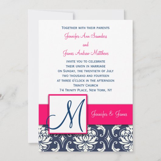 Blauwe Damask Monogram Invitaties Roze 5 x 7 Kaart (Achterkant)