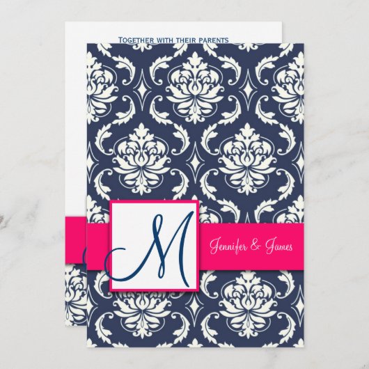 Blauwe Damask Monogram Invitaties Roze 5 x 7 Kaart (Voorkant / Achterkant)