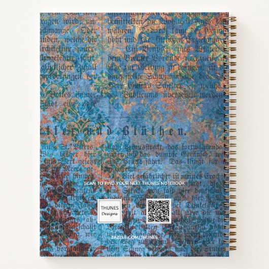 Blauwe damask  patroonscriptnaam notitieboek (Achterkant)