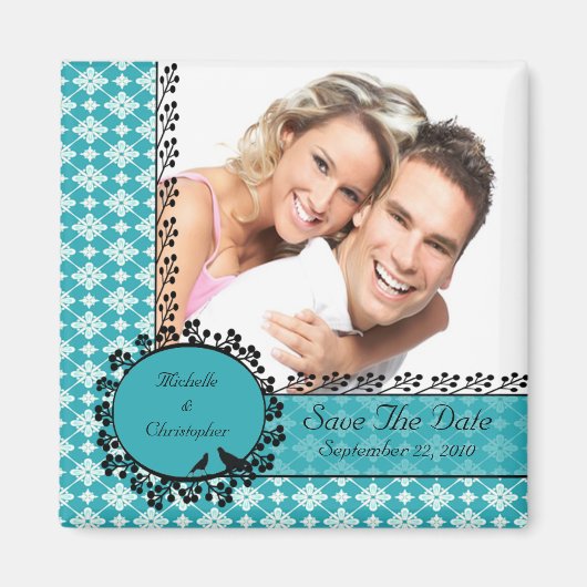 Blauwe Damask Tortelduifjes Foto Save The Date Mag Magneet (Voorkant)