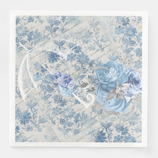 Blauwe Damask Victoriaans paraplu Ephemera Floral Servet (Voorkant)