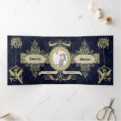  Blauwe Damask Vintage Wedding Drieluik Uitnodiging (Binnen)