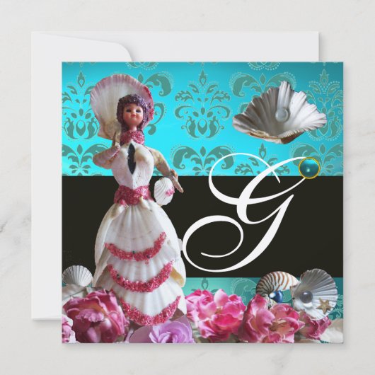 BLAUWE DAMASKBEDING - VRIJGEZELLENFEEST MONOGRAM KAART (Voorkant)