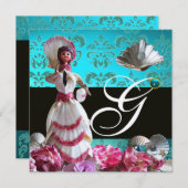 BLAUWE DAMASKBEDING - VRIJGEZELLENFEEST MONOGRAM KAART (Voorkant / Achterkant)