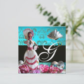 BLAUWE DAMASKBEDING - VRIJGEZELLENFEEST MONOGRAM KAART (Staand voorkant)