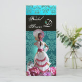 BLAUWE DAMASKBEDING - VRIJGEZELLENFEEST MONOGRAM KAART (Staand voorkant)