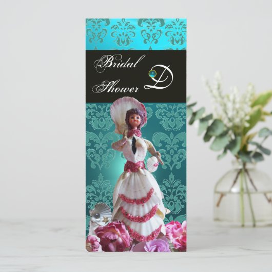 BLAUWE DAMASKBEDING - VRIJGEZELLENFEEST MONOGRAM KAART (Staand voorkant)