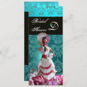 BLAUWE DAMASKBEDING - VRIJGEZELLENFEEST MONOGRAM KAART (Voorkant / Achterkant)