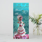 BLAUWE DAMASKBEDING - VRIJGEZELLENFEEST MONOGRAM KAART (Staand voorkant)