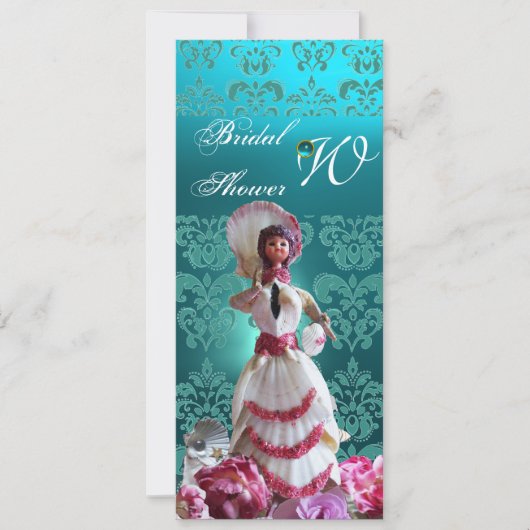 BLAUWE DAMASKBEDING - VRIJGEZELLENFEEST MONOGRAM KAART (Voorkant)