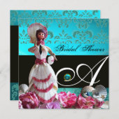 BLAUWE DAMASKBEDING - VRIJGEZELLENFEEST MONOGRAM KAART (Voorkant / Achterkant)