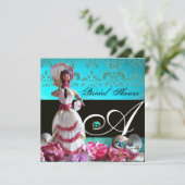 BLAUWE DAMASKBEDING - VRIJGEZELLENFEEST MONOGRAM KAART (Staand voorkant)