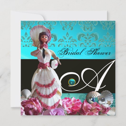 BLAUWE DAMASKBEDING - VRIJGEZELLENFEEST MONOGRAM KAART (Voorkant)