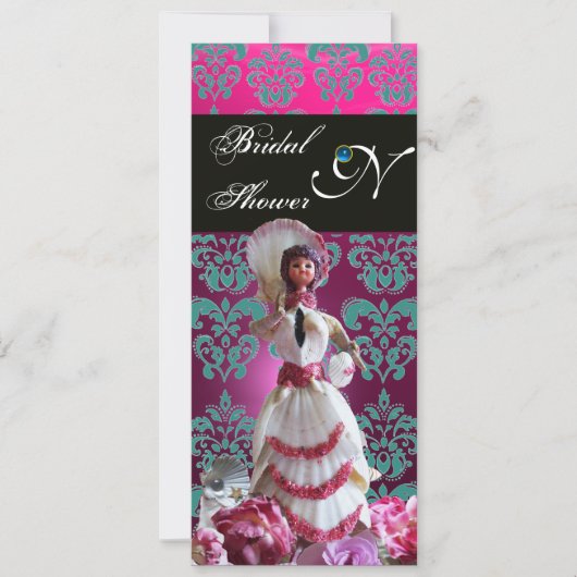 BLAUWE DAMASKBEDING - VRIJGEZELLENFEEST MONOGRAM KAART (Voorkant)