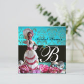 BLAUWE DAMASKBEDING - VRIJGEZELLENFEEST MONOGRAM KAART (Staand voorkant)