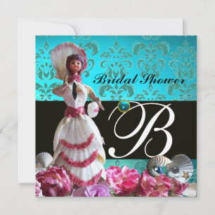 BLAUWE DAMASKBEDING - VRIJGEZELLENFEEST MONOGRAM KAART