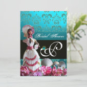 BLAUWE DAMASKBEDING - VRIJGEZELLENFEEST MONOGRAM KAART (Staand voorkant)