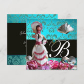 BLAUWE DAMASKBEDING - VRIJGEZELLENFEEST MONOGRAM KAART (Voorkant / Achterkant)