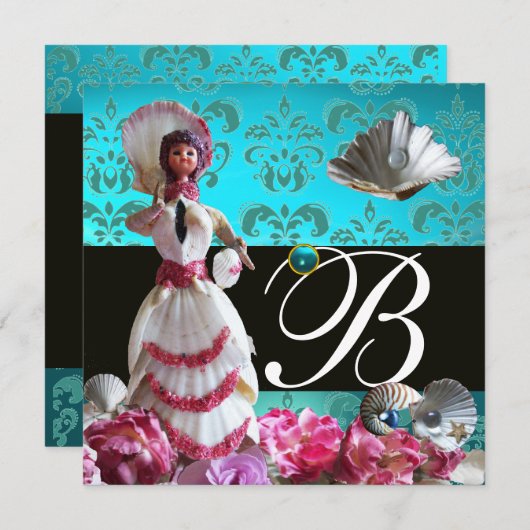 BLAUWE DAMASKBEDING - VRIJGEZELLENFEEST MONOGRAM KAART (Voorkant / Achterkant)