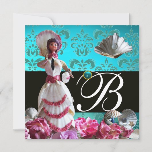 BLAUWE DAMASKBEDING - VRIJGEZELLENFEEST MONOGRAM KAART (Voorkant)