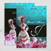 BLAUWE DAMASKBEDING - VRIJGEZELLENFEEST MONOGRAM KAART (Voorkant / Achterkant)