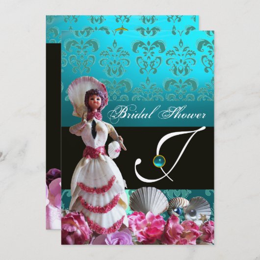 BLAUWE DAMASKBEDING - VRIJGEZELLENFEEST MONOGRAM KAART (Voorkant / Achterkant)